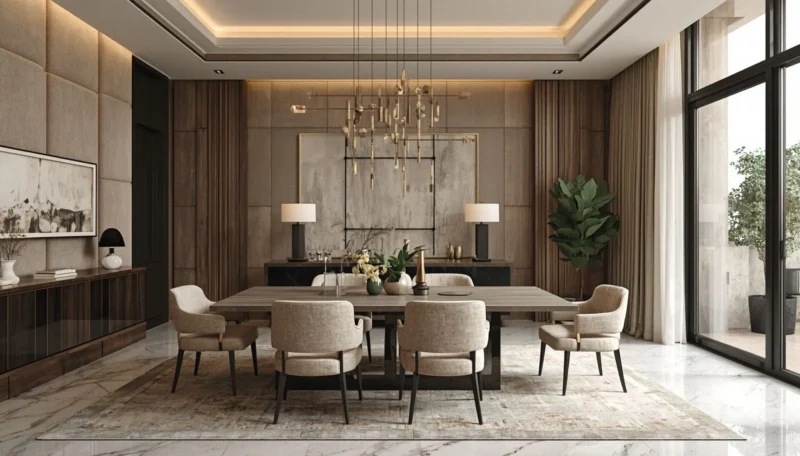 Neutral and earthy tones in a modern dining room interior