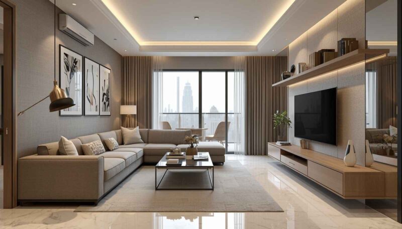 Modern luxury living room interior with warm lighting, elegant furniture, marble flooring, and soft decor.