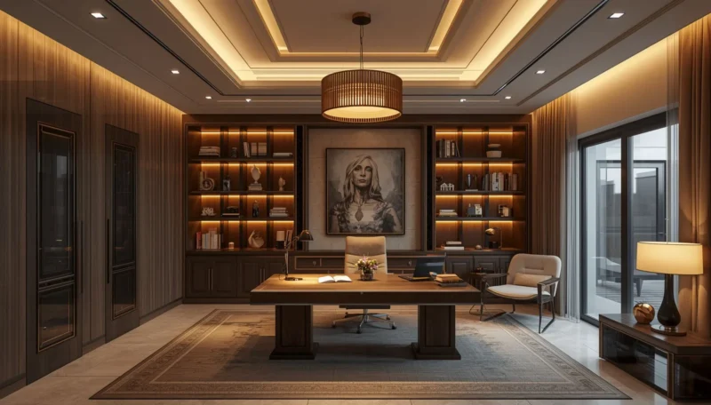 Warm pendant lighting above a wooden study desk
