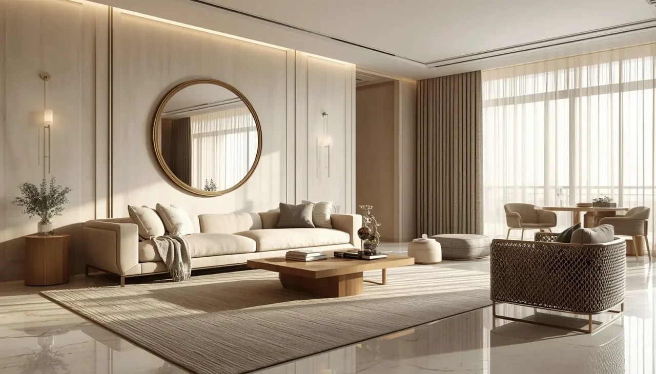 Round decorative mirror adding depth and brightness to a modern living room