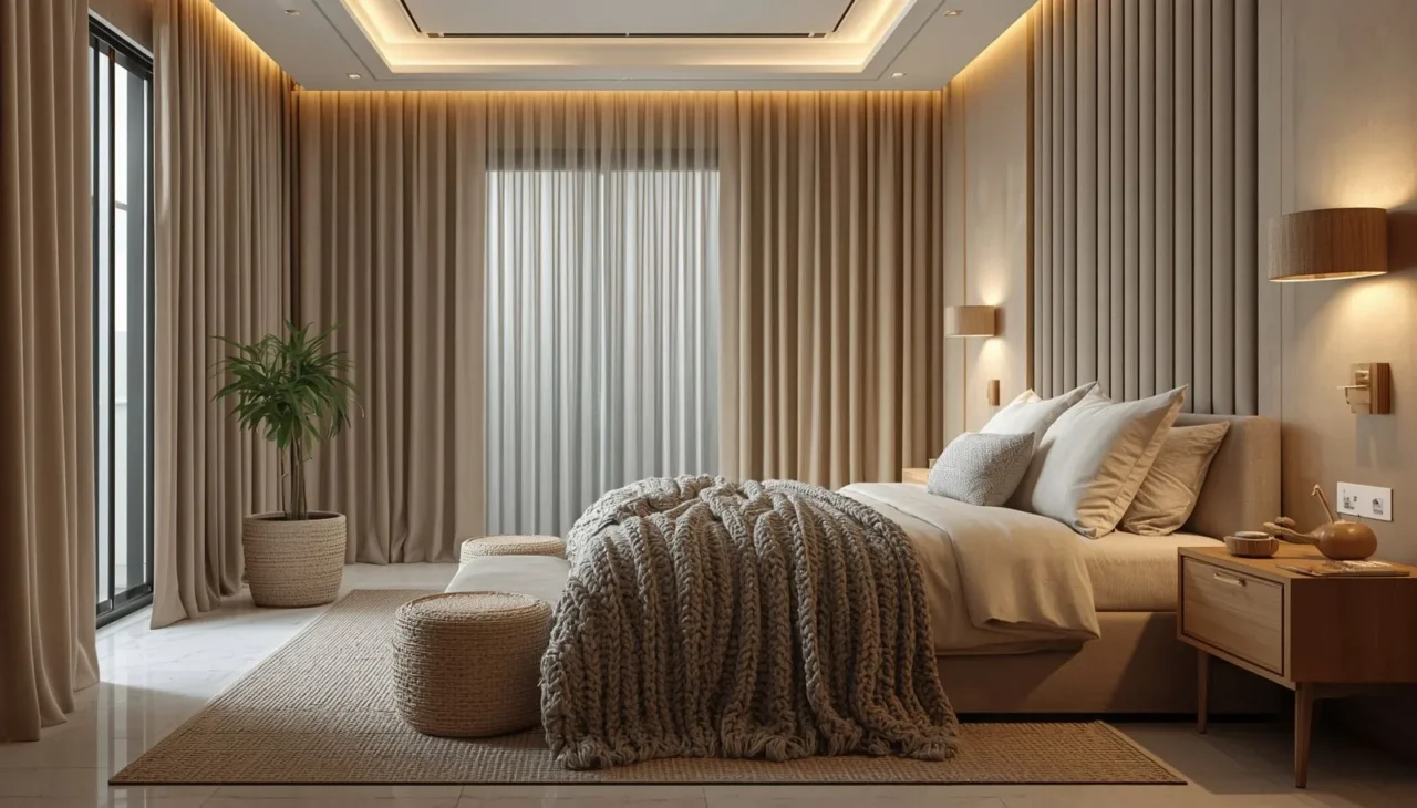 Cozy guest bedroom decor with layered textures and soft furnishings