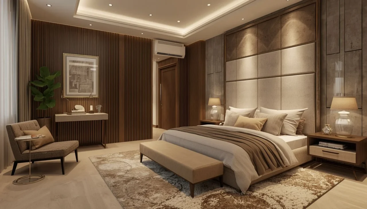 Luxury villa bedroom in Dubai with custom decor, soft textures, and warm lighting