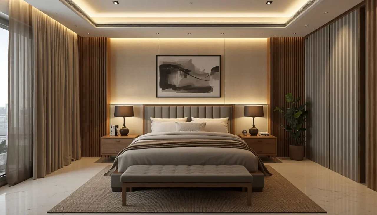Modern guest bedroom decor featuring warm ambient lighting