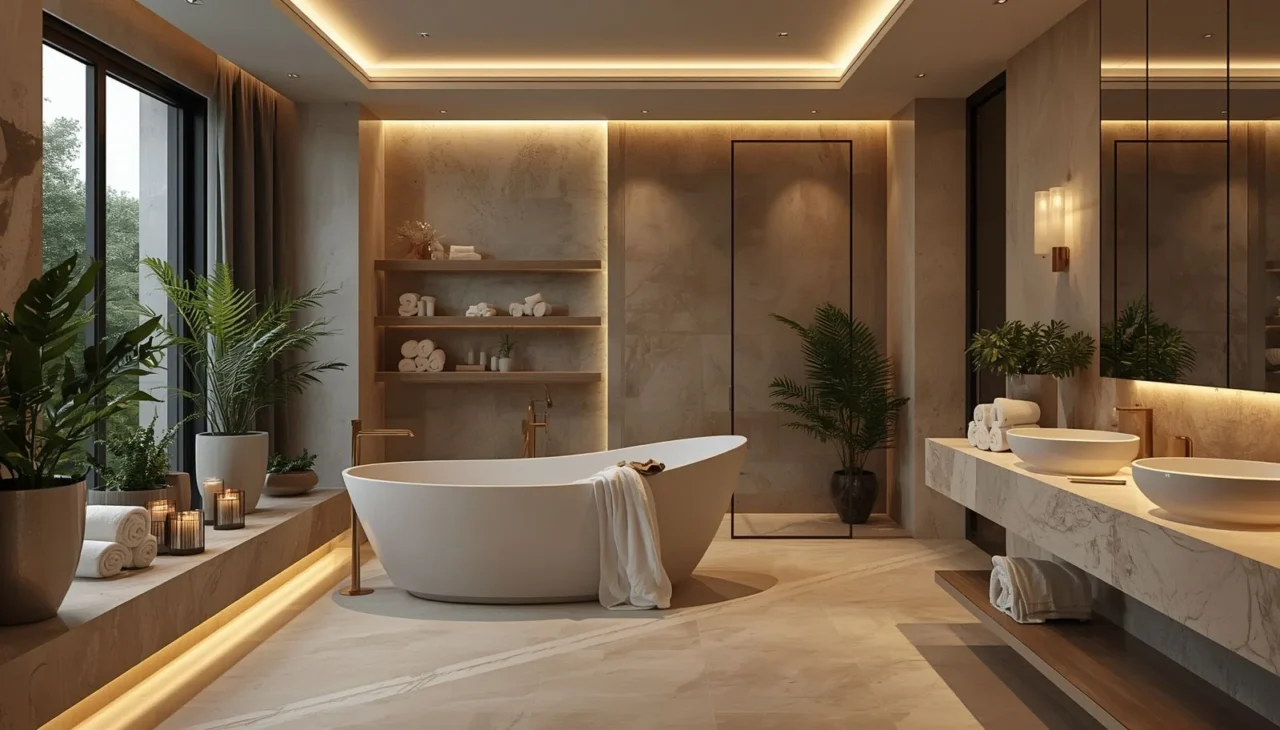 Spa-inspired bathroom with soft towels, greenery, and warm lighting