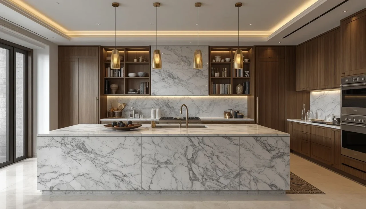 Modern kitchen interior decoration featuring a statement island and designer pendant lights