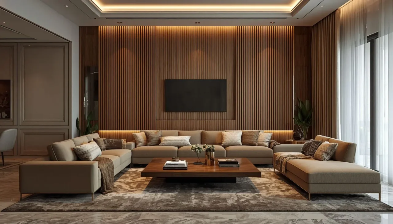 Wooden accent wall design in a contemporary living room