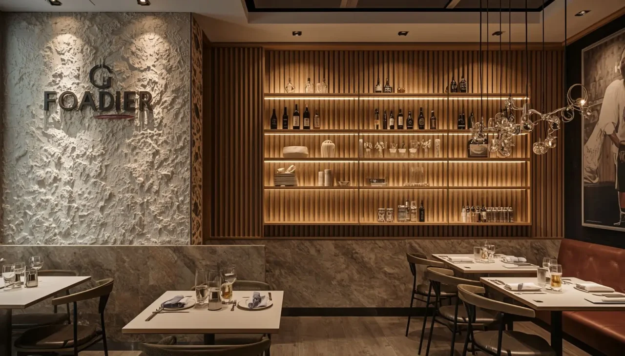 Stylish cafe corner with decorative wall art and photo-friendly seating area