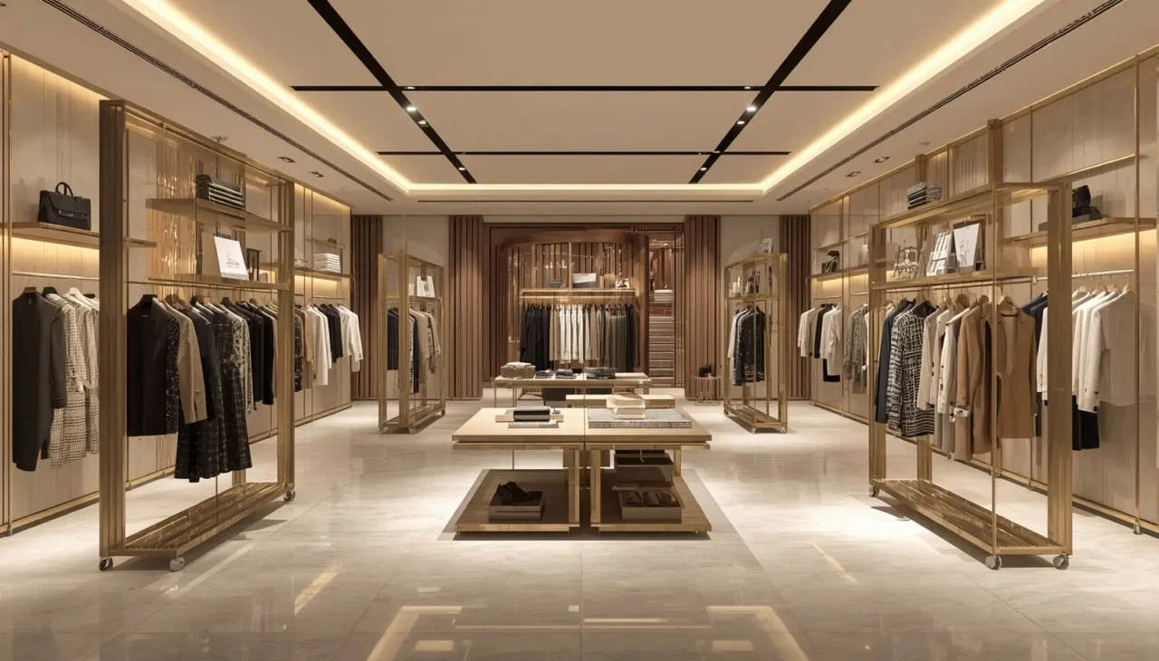Flexible display systems in modern boutique interiors designed for changing collections and dynamic retail layouts