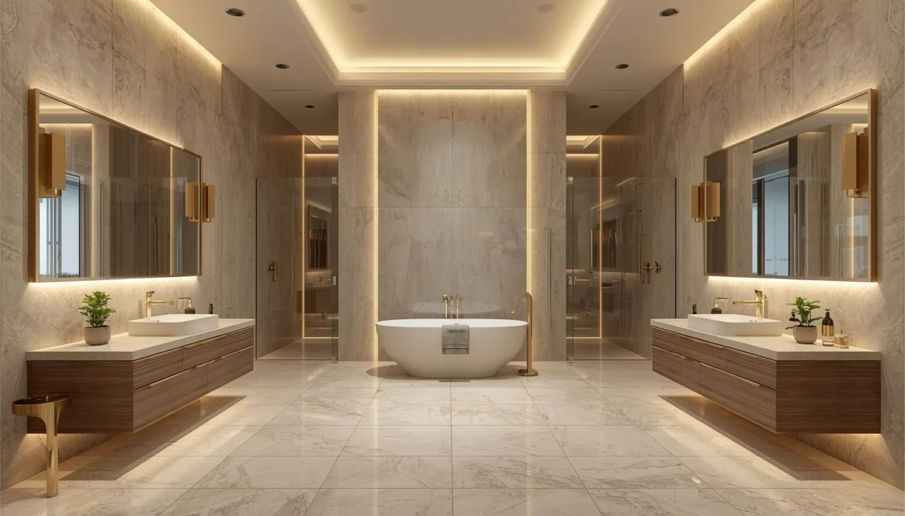 Full-height wall tiles extending from floor to ceiling in a bathroom
