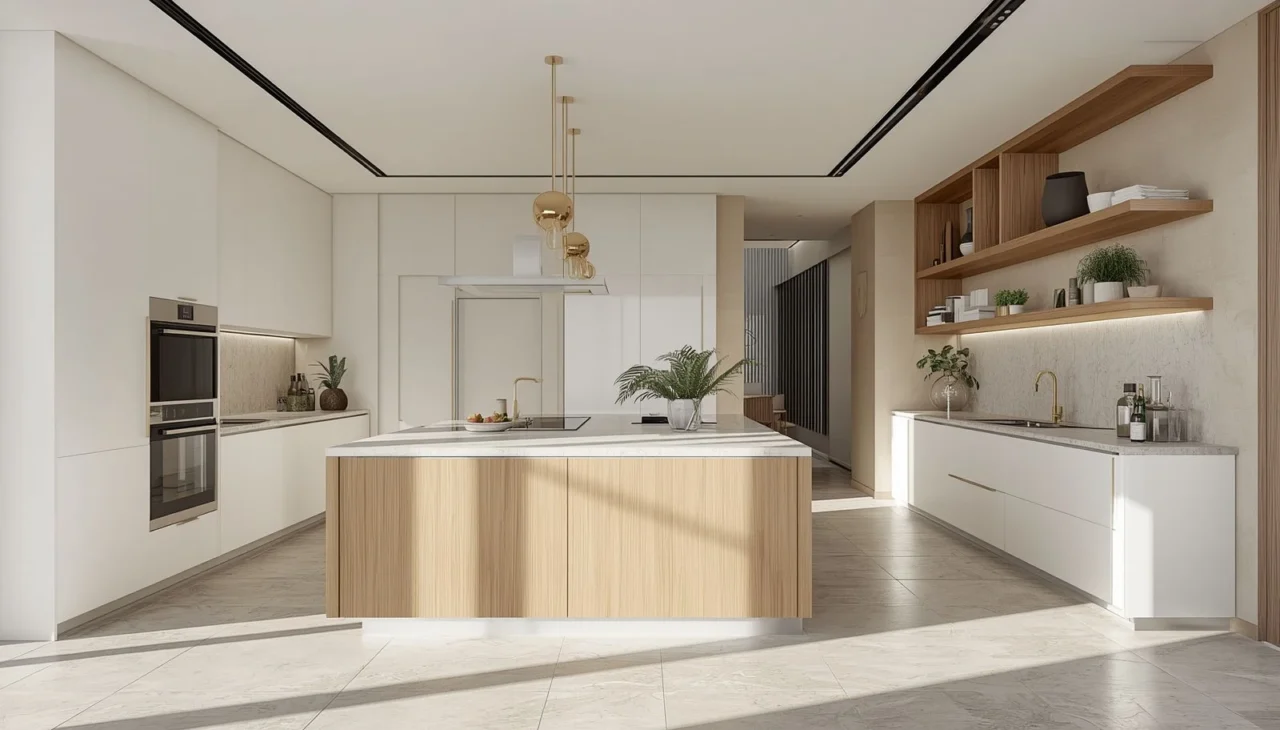 Neutral color palette with white cabinets and natural wood finishes