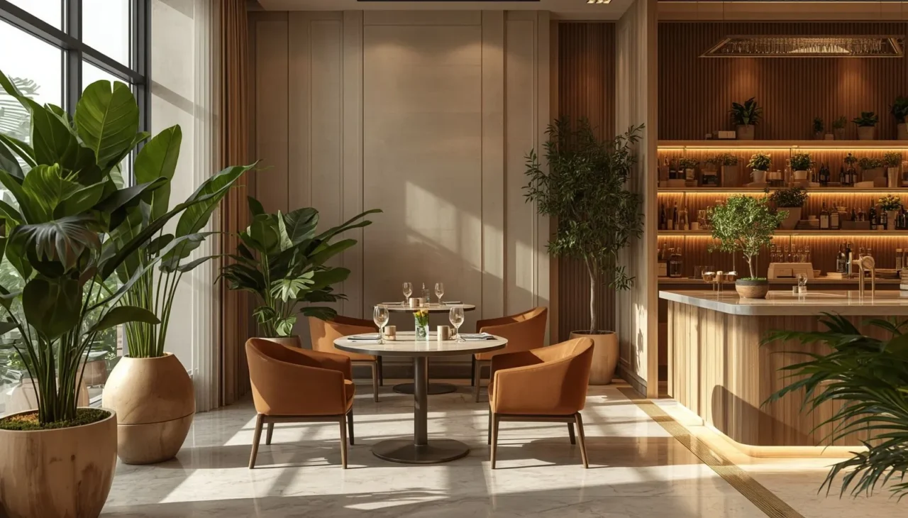 Indoor plants and natural materials creating a warm cafe atmosphere