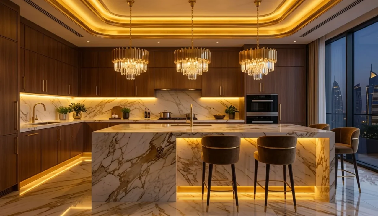 Marble countertops, wooden cabinets, and textured stone backsplash