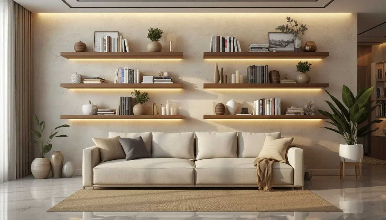Floating shelves styled with books, plants, and decorative accessories