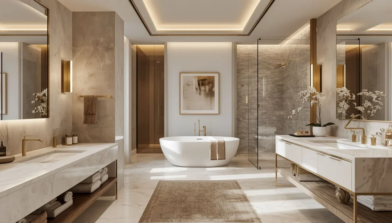 Marble surfaces and brushed brass fixtures in a luxury bathroom