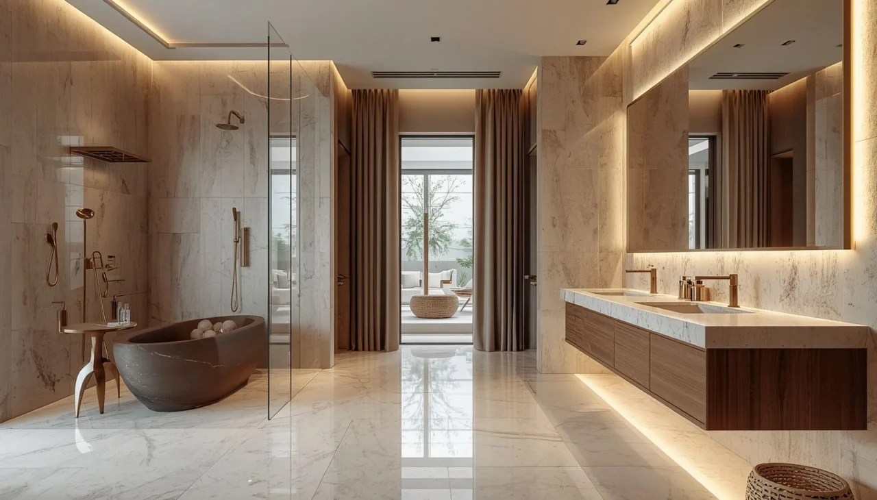 Large porcelain wall and floor tiles creating a seamless bathroom interior