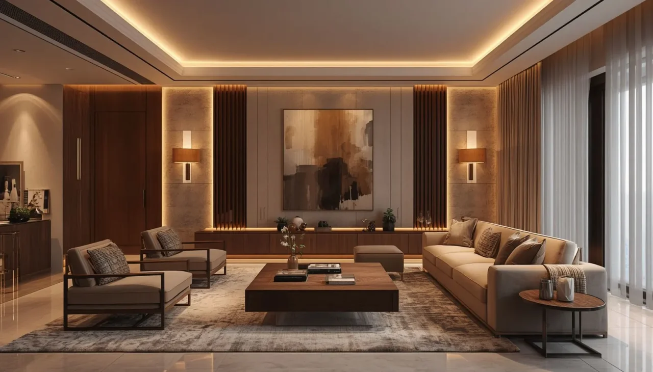 LED lighting highlighting framed artwork and textured surfaces