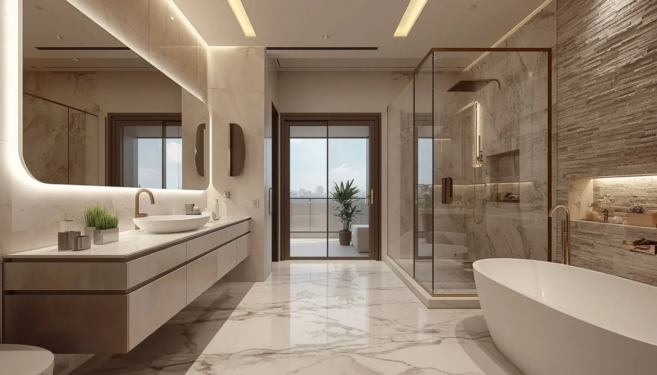 Floating vanity and walk-in shower in a contemporary bathroom
