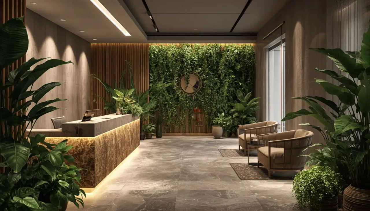 Modern beauty salon interior featuring natural elements, indoor plants, biophilic design, and calming luxury aesthetics.