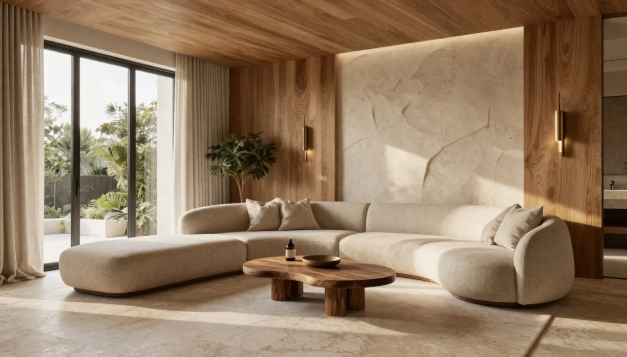 Natural wood and stone materials in luxury villa