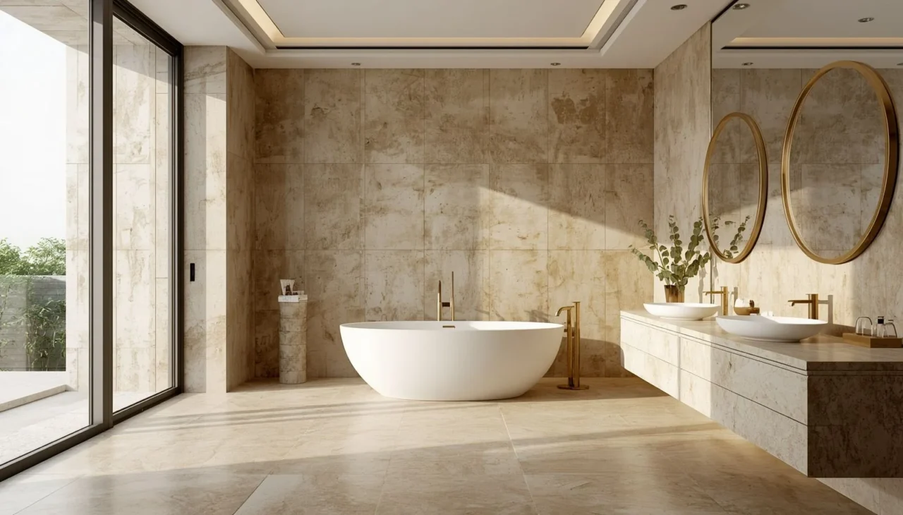 Marble-look stone tiles used in an elegant contemporary bathroom