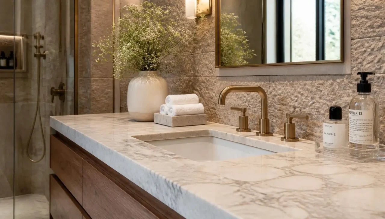 Premium bathroom materials including marble, quartz, and wood finishes