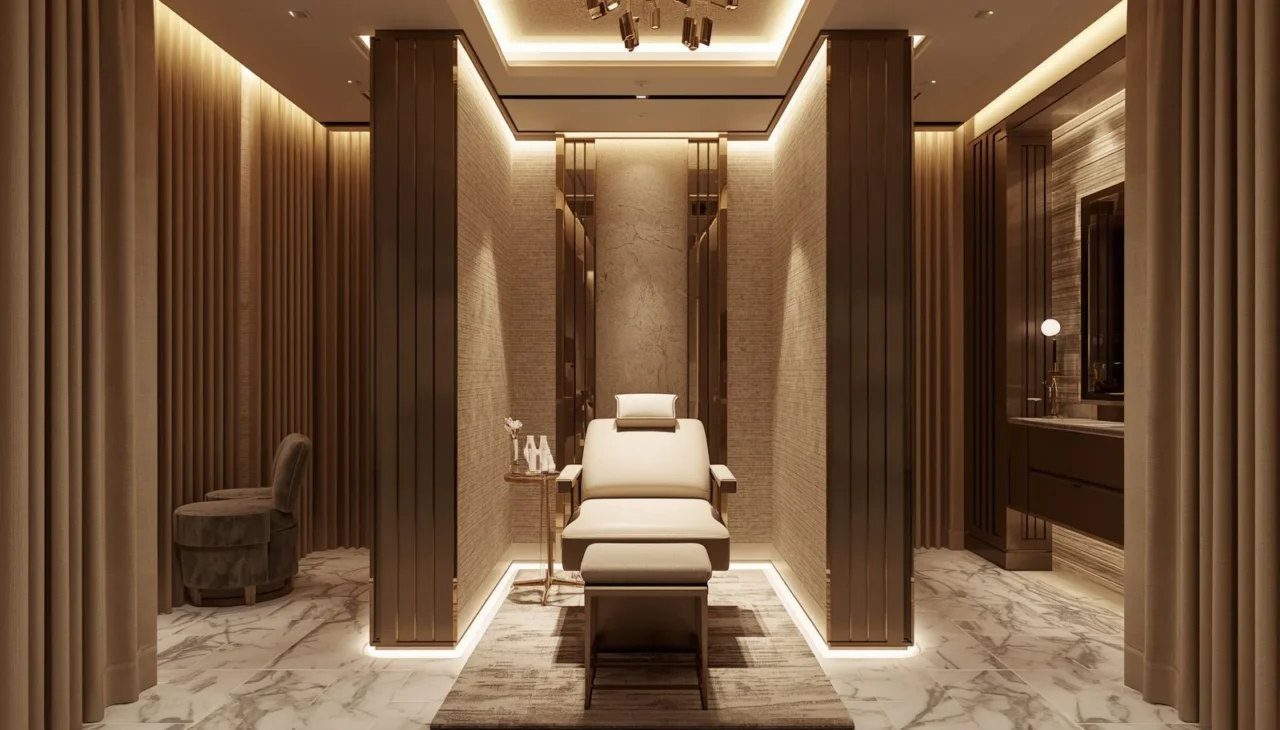 Luxury private treatment room and VIP beauty salon interior design in Dubai with premium furnishings and elegant decor.