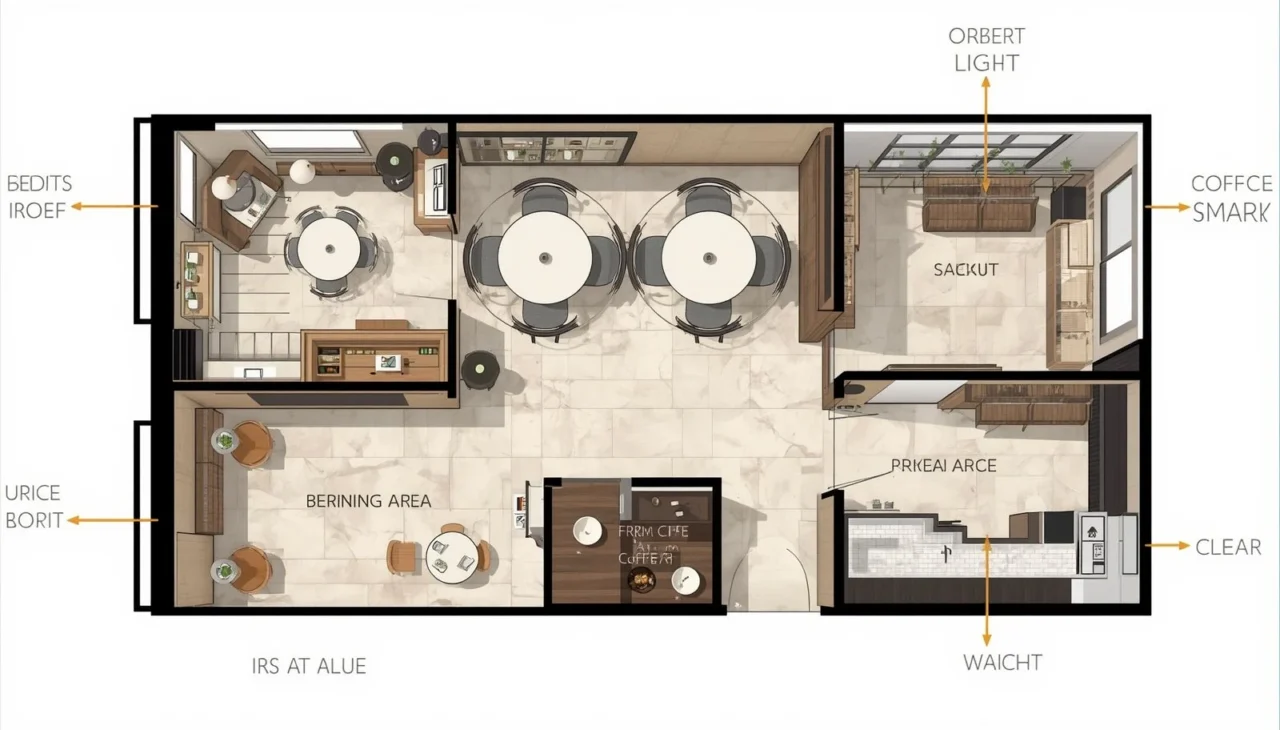 Small coffee shop design with smart layout planning and efficient seating arrangement