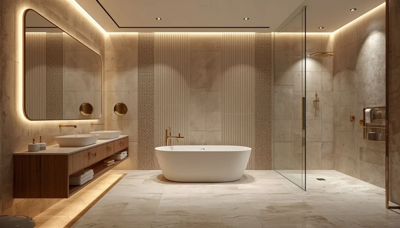 Geometric patterned feature wall behind a modern bathroom vanity