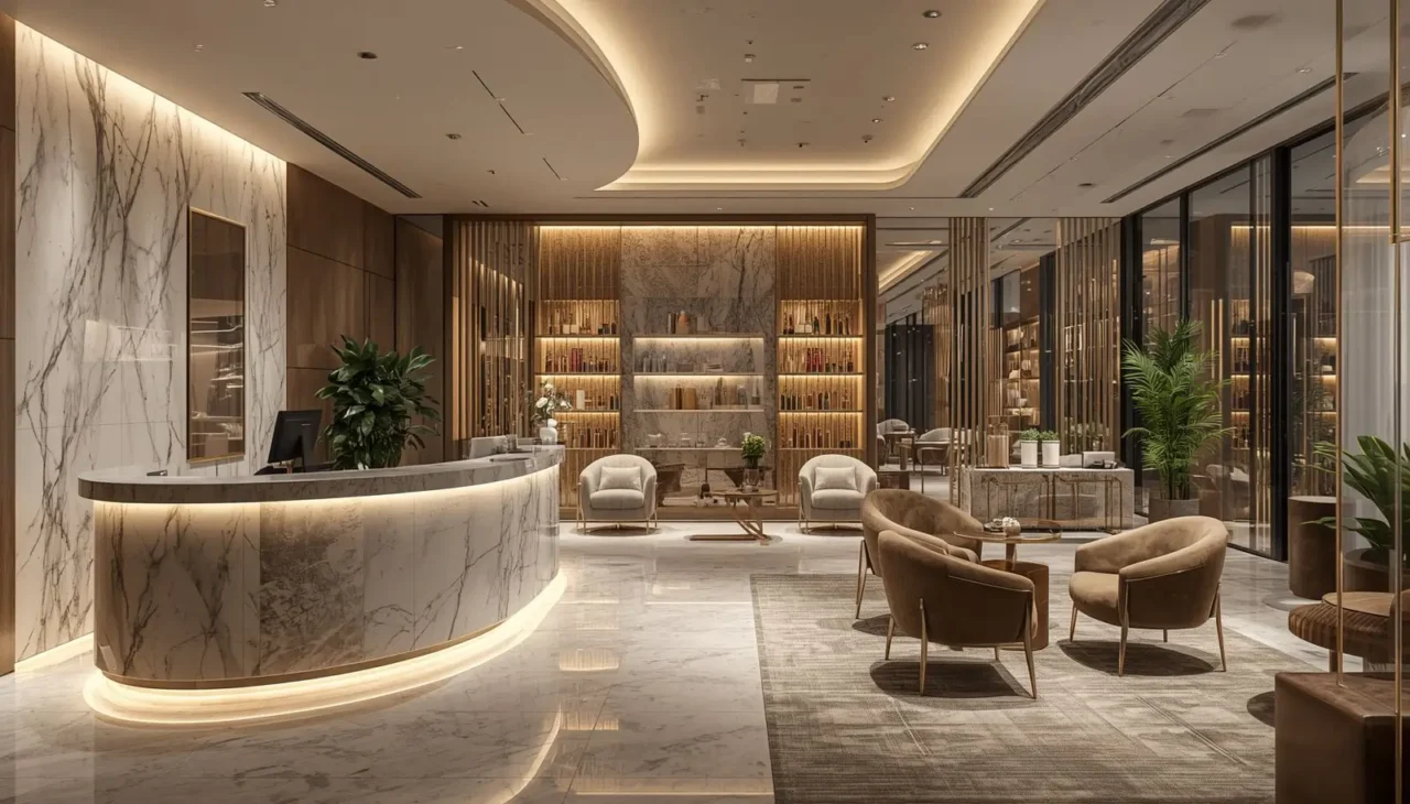 Luxury salon reception area with curved reception desk, elegant lighting, premium finishes, and sophisticated waiting lounge design.
