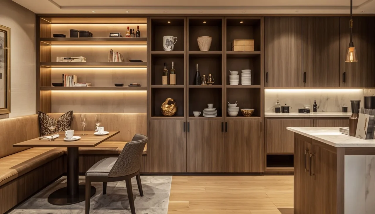 Smart storage shelving and organized cafe interior with efficient space utilization