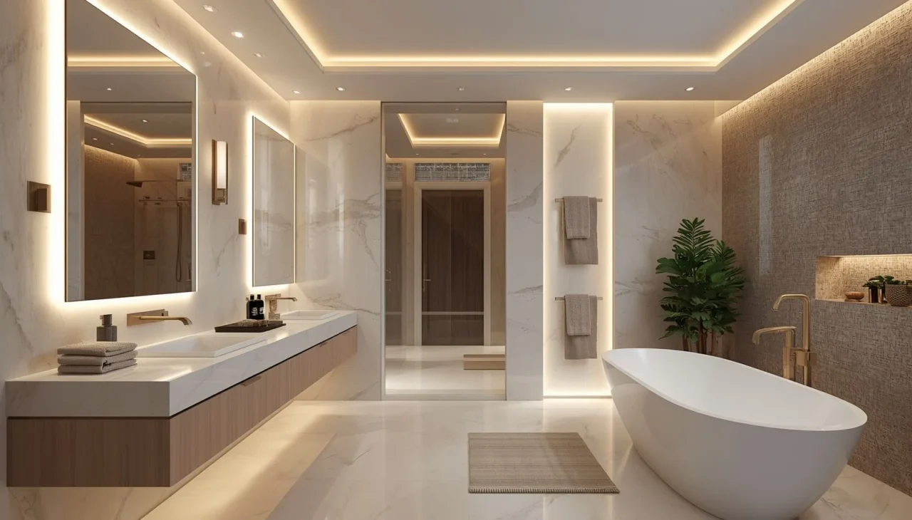 Layered lighting enhancing a modern bathroom interior