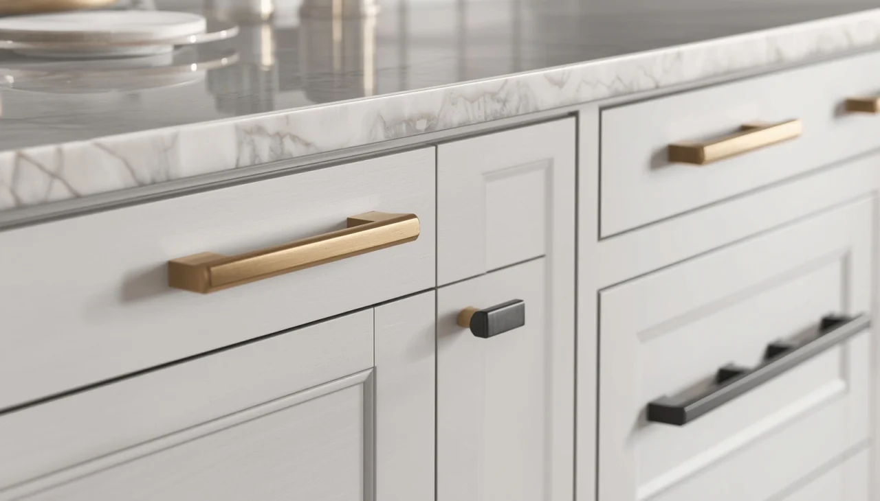Brushed brass cabinet handles and premium kitchen hardware