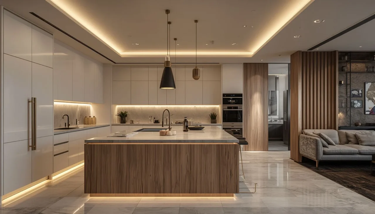 Kitchen interior decoration with marble island and modern lighting