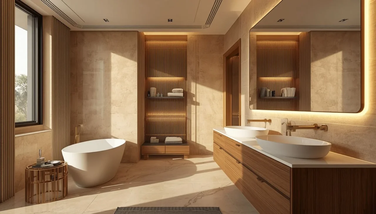 Warm earth-tone bathroom tile design creating a welcoming and stylish bathroom space