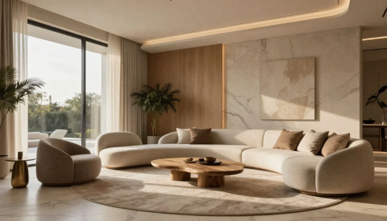 Warm minimalist villa interior with neutral tones