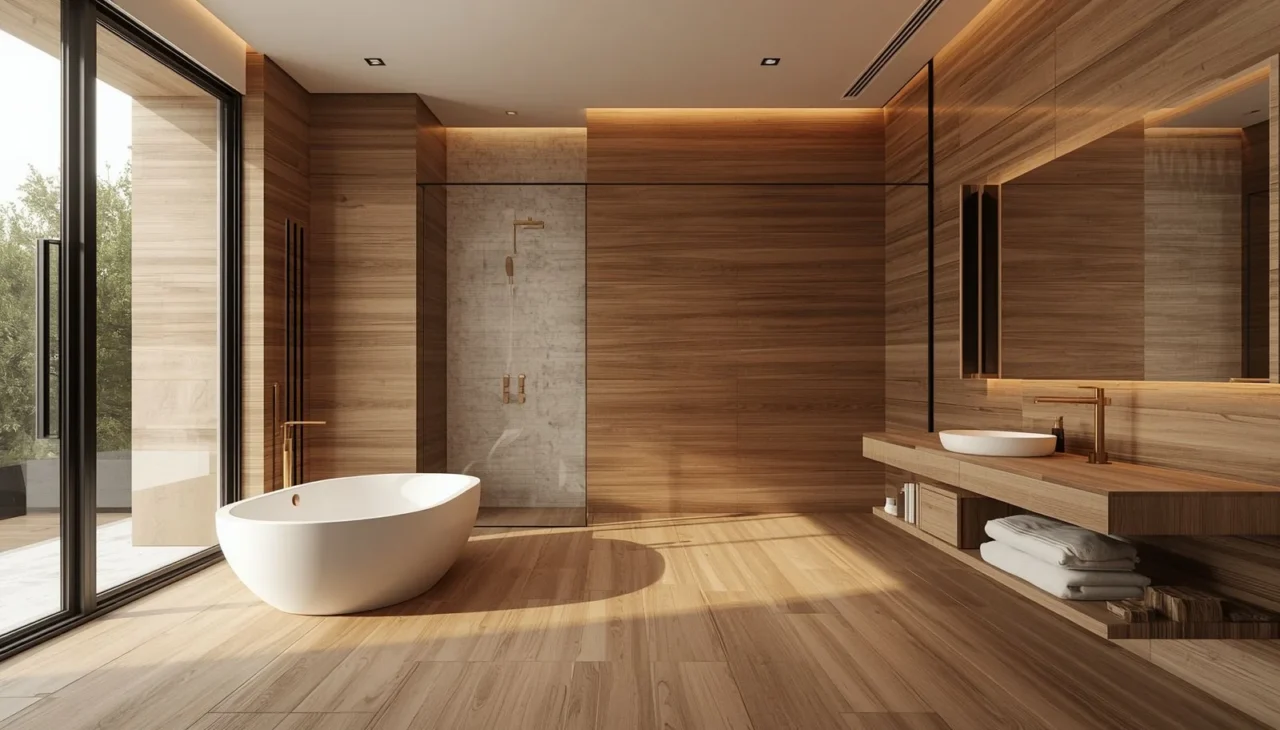 Wood-look porcelain flooring adding warmth to a modern bathroom