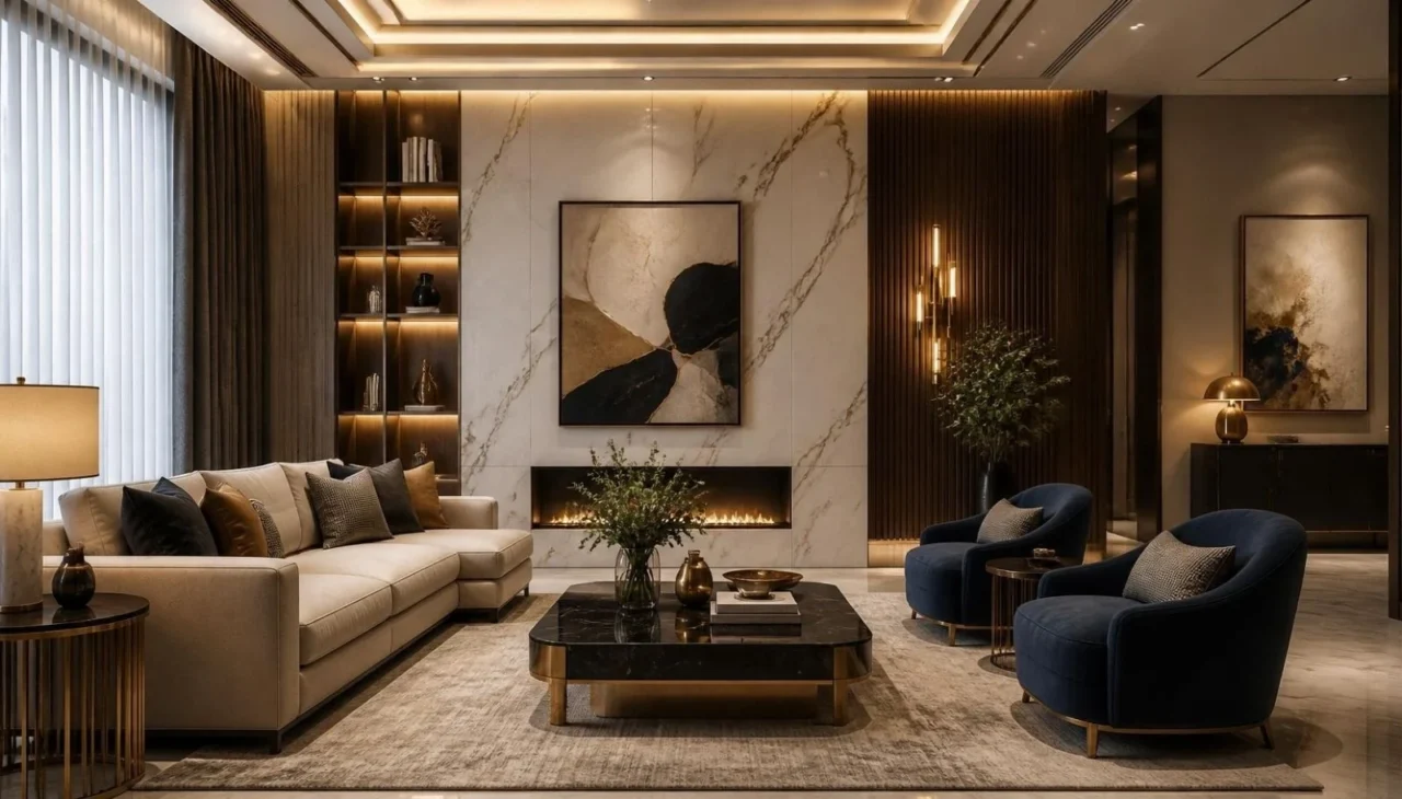 Premium materials including marble, wood, and textured finishes in home interiors