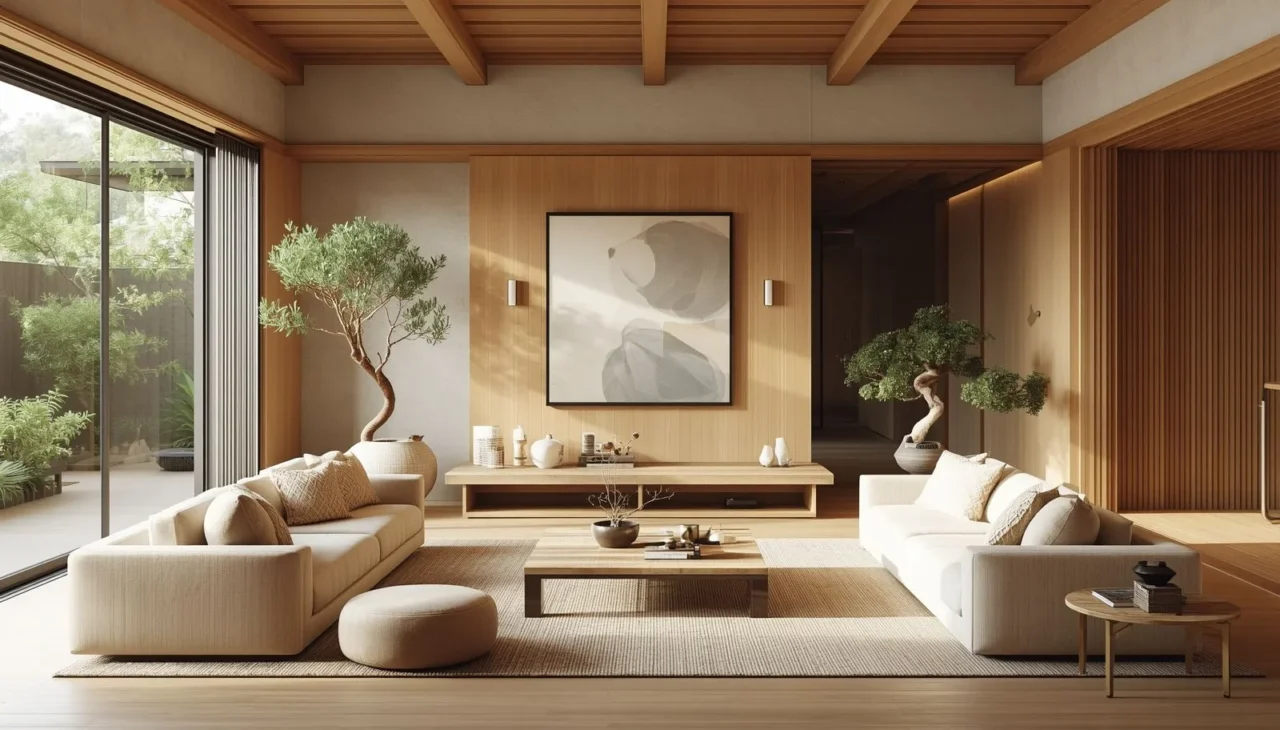 Indoor olive tree and decorative greenery creating a calm and relaxing atmosphere