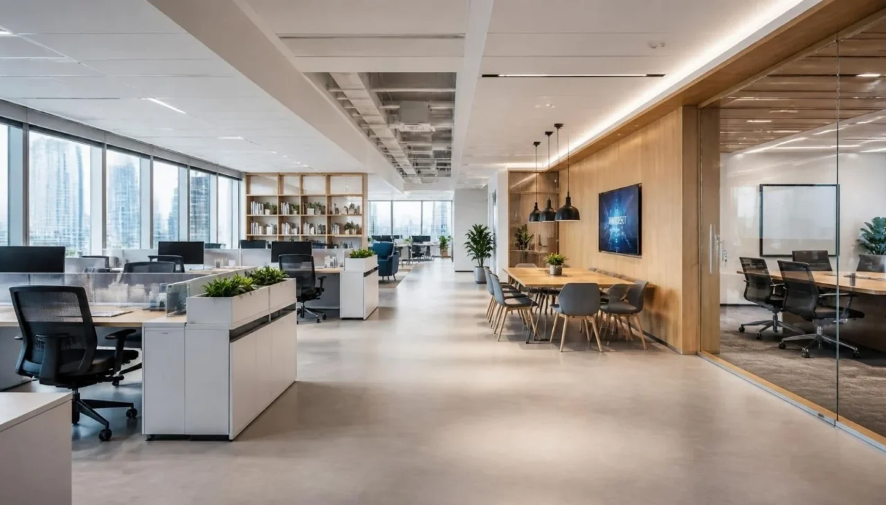 Functional modern office layout with organized workstations and open walkways