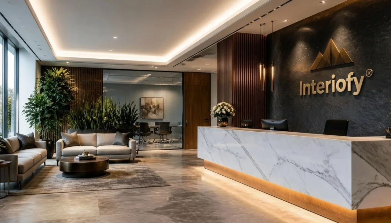 Professional office reception with comfortable seating and brand display
