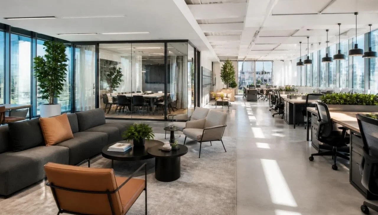 Collaborative office space with lounge seating and shared meeting tables