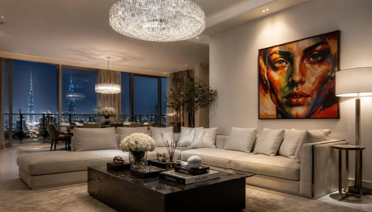 Spacious living room with modern furniture and statement lighting