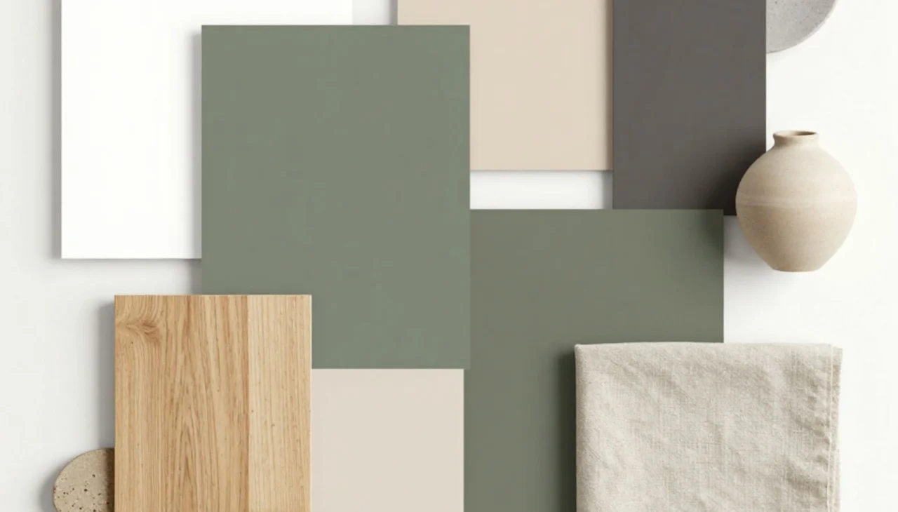 Soft natural color palette in a Japandi living room with warm neutral tones