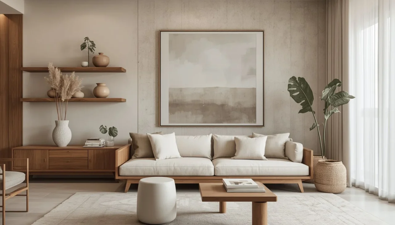 Handmade ceramic vase, neutral artwork, and decorative books on minimalist shelving