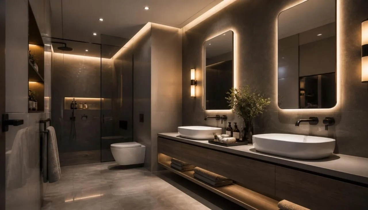 Interior design bath with layered lighting and illuminated vanity mirror