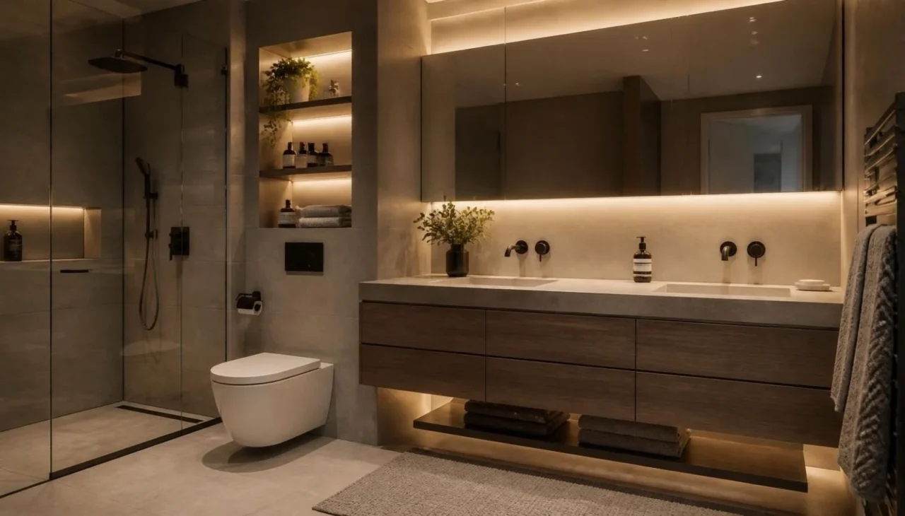 Smart bathroom storage with floating vanity and built-in cabinets