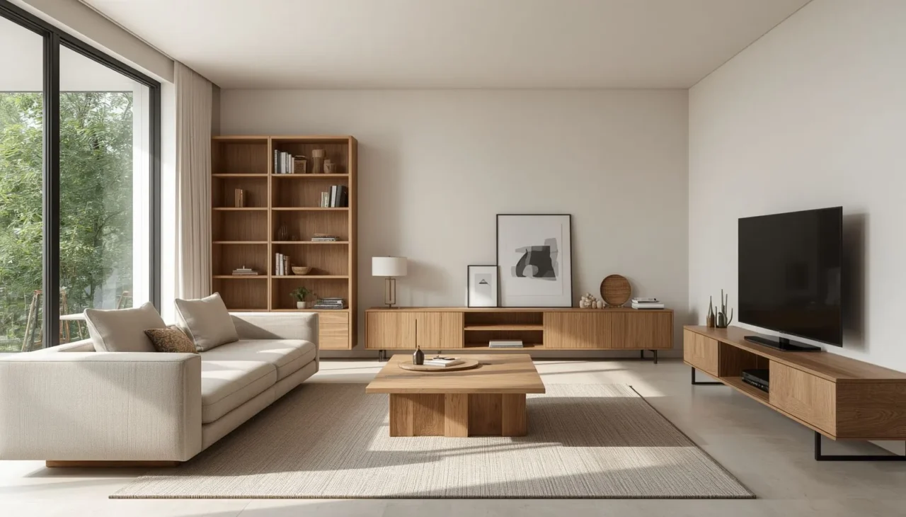 Warm Japandi living room with natural wood furniture and soft neutral tones
