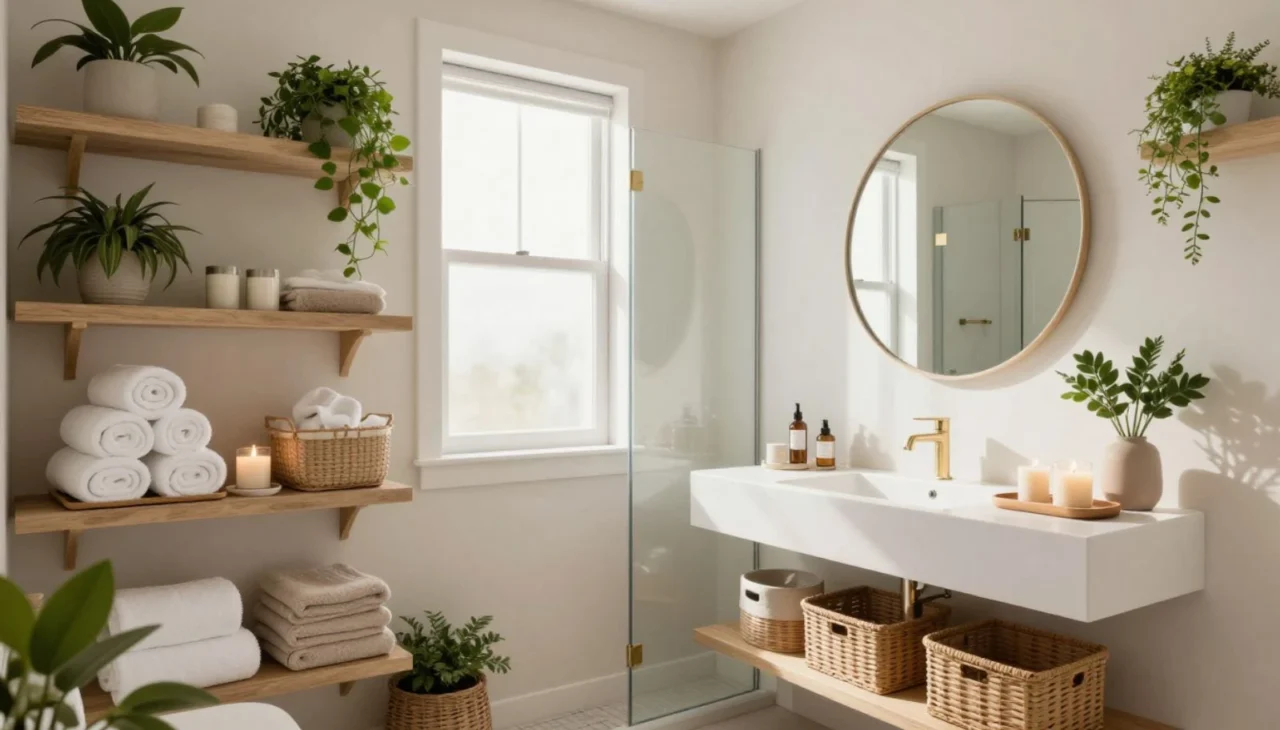 Floating shelves and wall storage for a compact bathroom