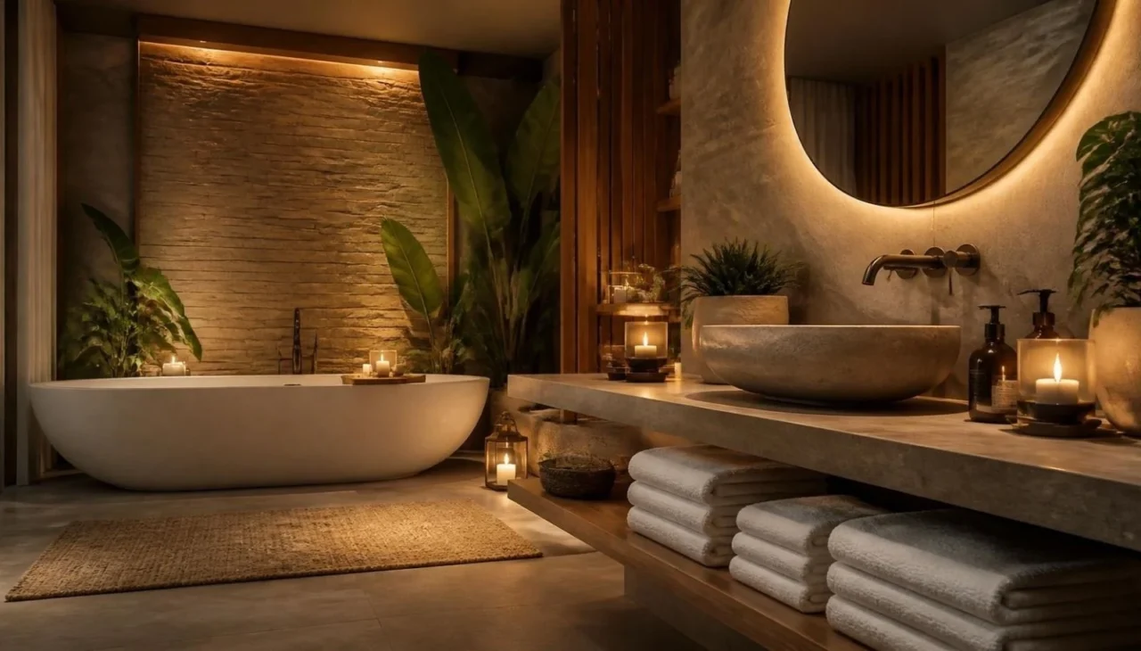 Spa-inspired bathroom with natural decor and relaxing ambience