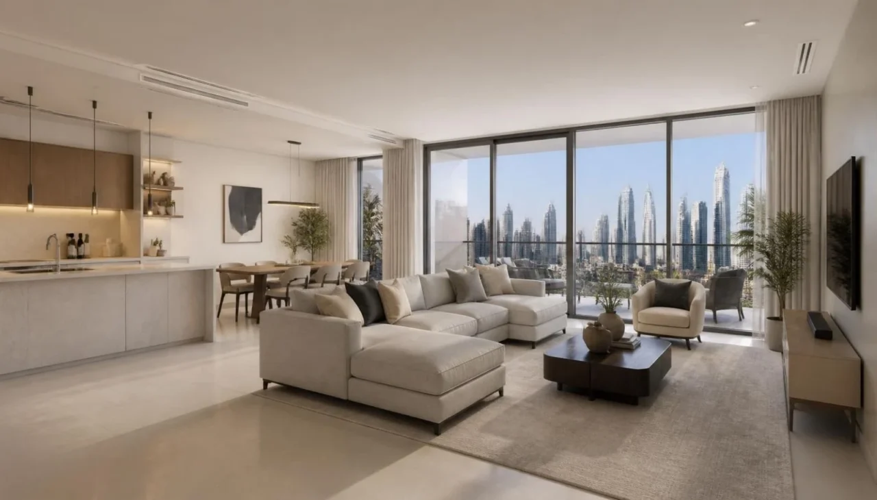 Open-plan 3BHK interior design with connected living and dining spaces